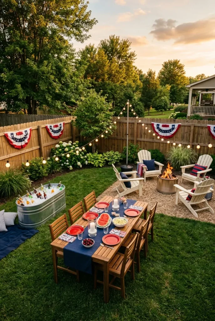 4th of July backyard party setup with string lights, stock tank cooler, and Adirondack chairs at golden hour.