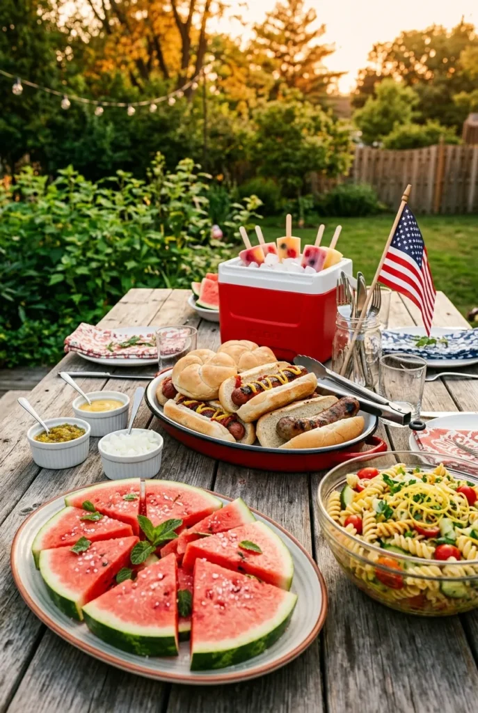 4th of July backyard party food ideas with hot dog bar, watermelon, and pasta salad.