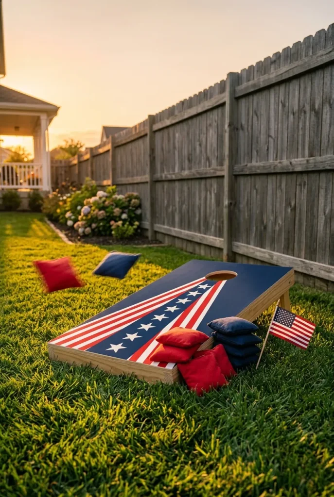 4th of July backyard cornhole game setup with red and navy bean bags on green lawn.