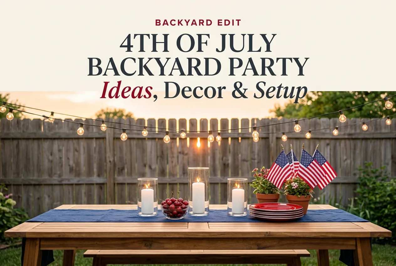 Cozy 4th of July backyard party setup with string lights, navy runner, cherries, and pillar candles at golden hour.