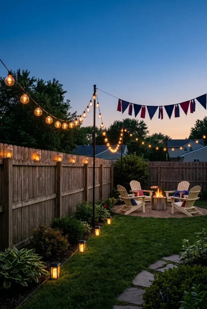4th of July backyard string lights and fire pit setup at twilight with warm globe bulbs.