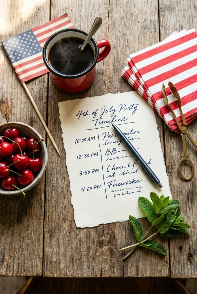 Printed 4th of July backyard party hour-by-hour planning timeline checklist.