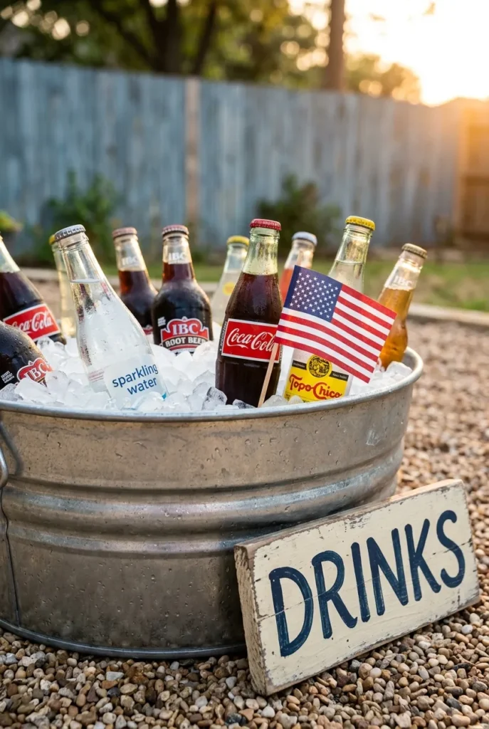 Galvanized stock tank drink cooler for 4th of July backyard party setup.