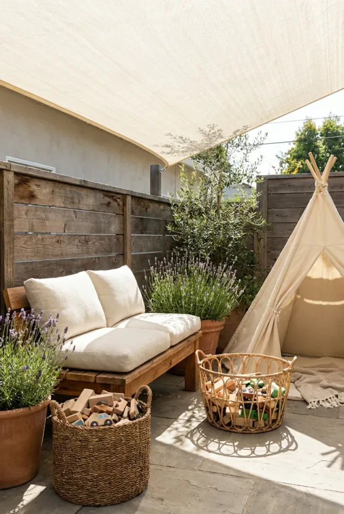 Adult seating bench in a kid-friendly backyard with shade sail and toy basket.