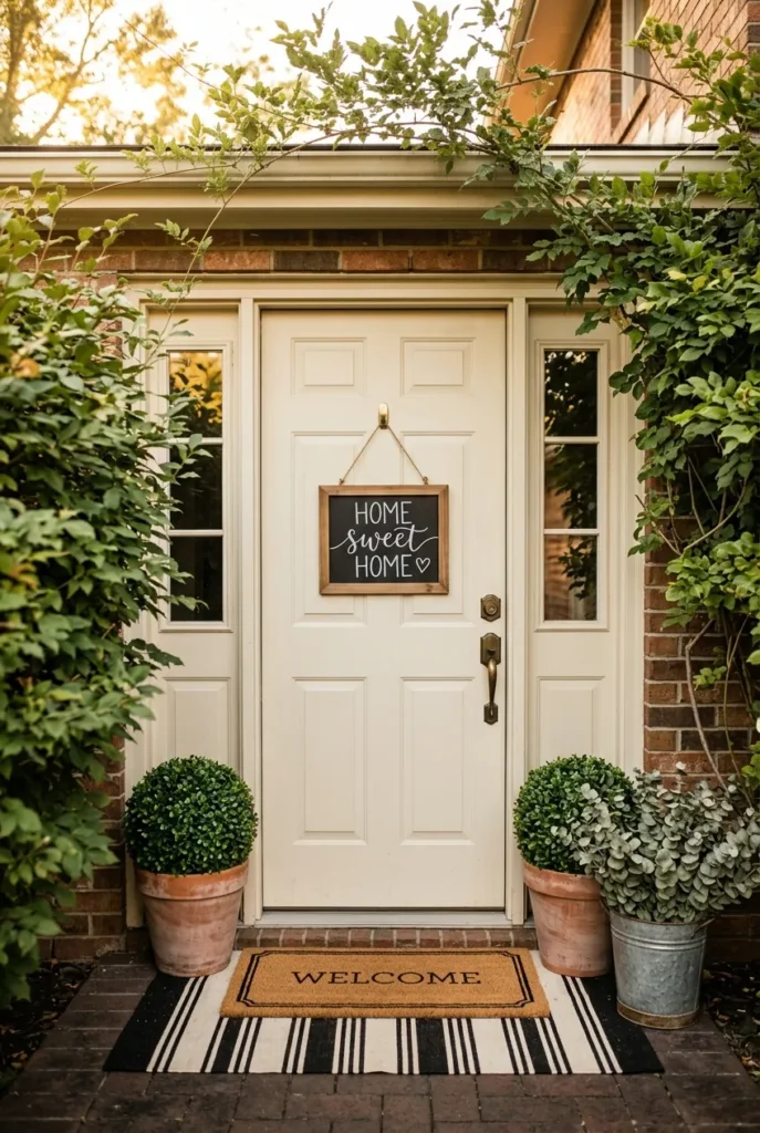 Back door styled with layered doormats, terracotta topiary pots, and chalkboard sign from Dollar Tree.