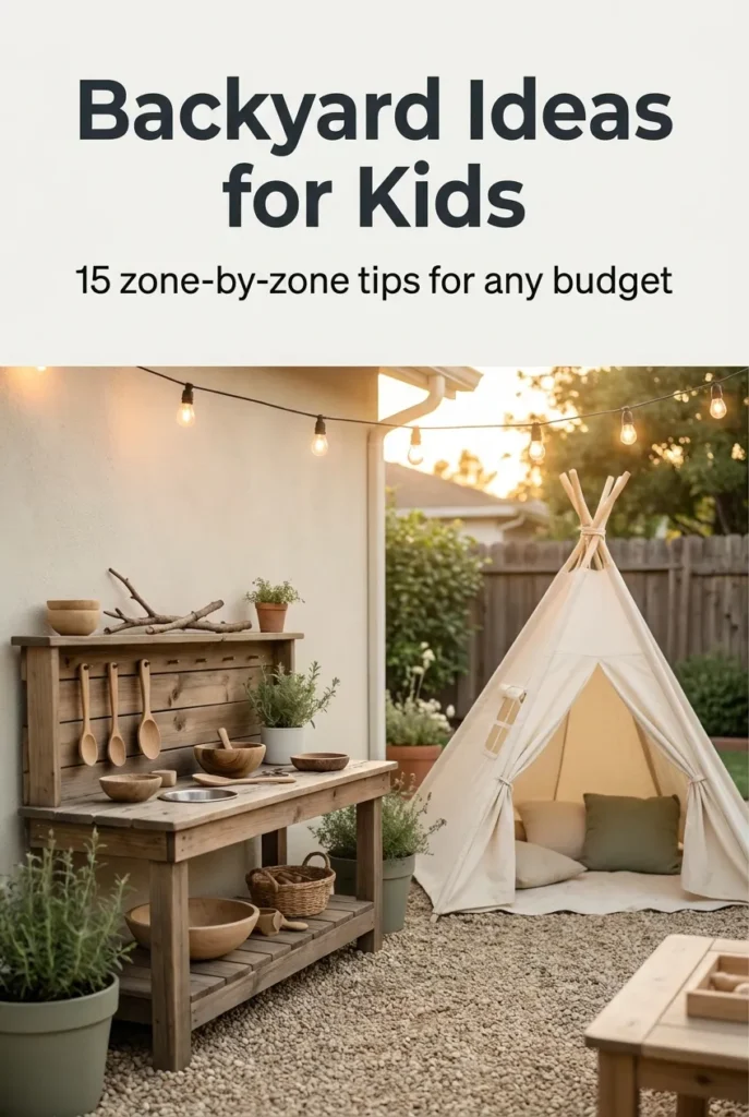 Backyard ideas for kids Pinterest pin with mud kitchen, teepee, and string lights in a cozy play space.