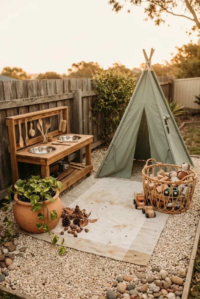 Backyard ideas for kids with mud kitchen, canvas teepee, and natural toys on a pea gravel patio.