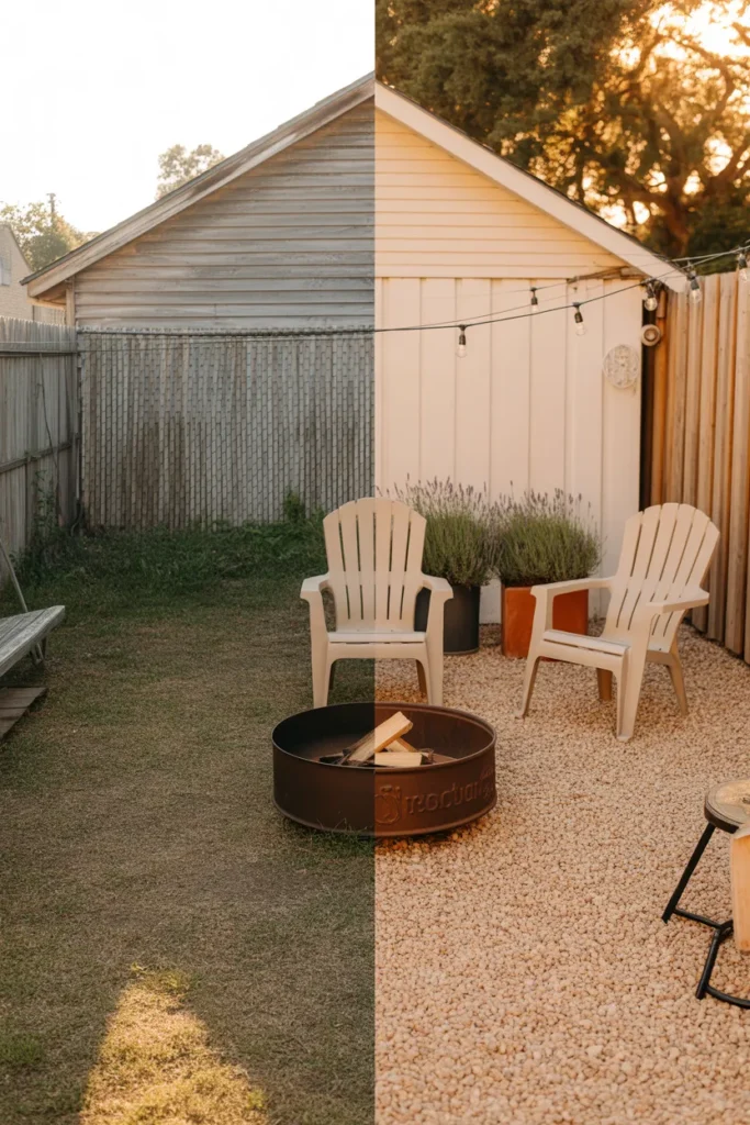 Backyard makeover before and after split image showing patchy lawn transformed into cozy gravel patio with string lights