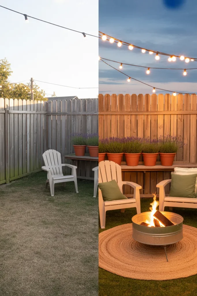 Backyard makeover on a budget DIY before and after with string lights and Adirondack chair on pea gravel patio