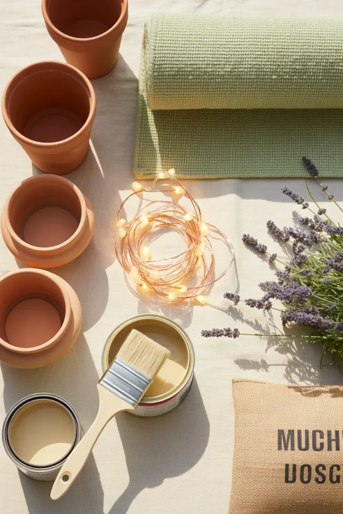 Backyard makeover supplies flat lay with terracotta pots, outdoor rug, string lights, and sage paint on linen.