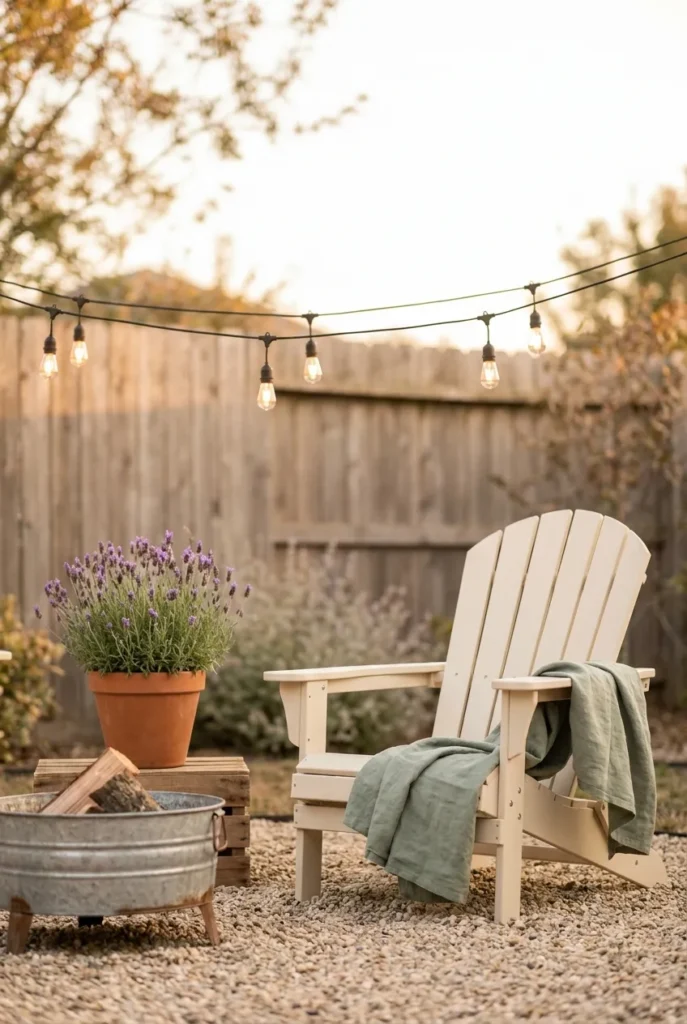 Backyard patio ideas on a budget featuring cream Adirondack chair, fire pit, and string lights