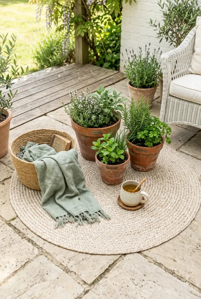 Backyard patio styling flat lay with herbs, rug, and ceramic accents