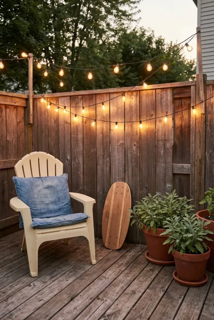 Backyard play area for kids at dusk with warm cafe string lights and cozy seating.