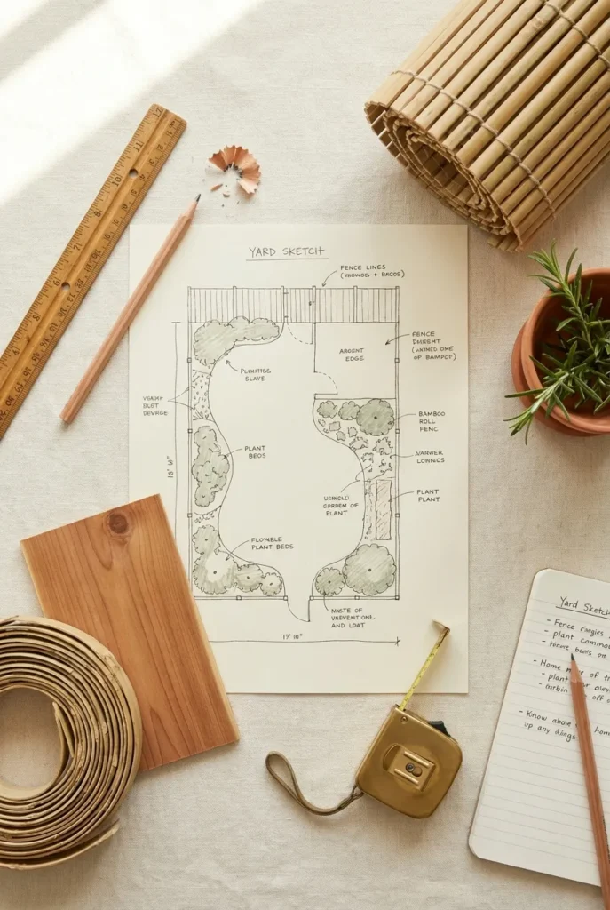 Backyard privacy planning flat lay with yard sketch, cedar swatch, bamboo sample, and brass measuring tape.