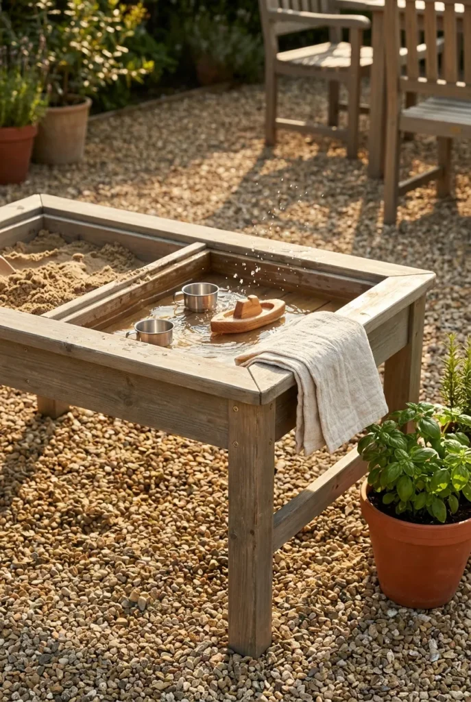 Backyard water table for kids in the messy zone of a small outdoor space.