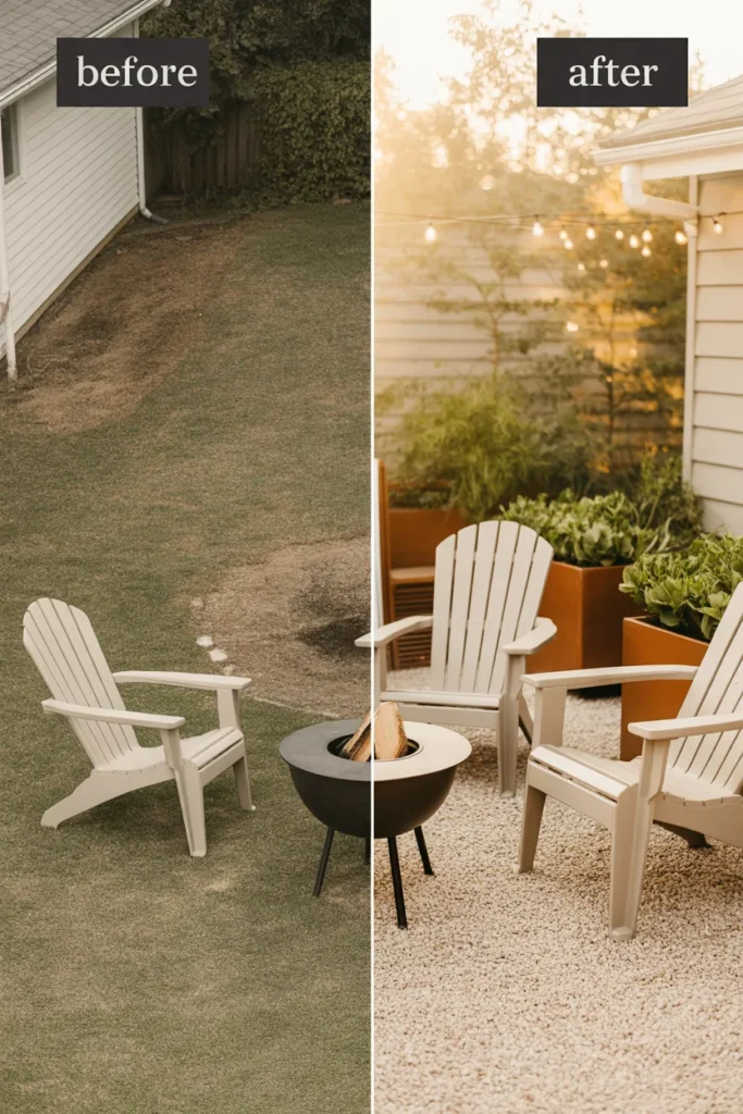 Before and after backyard transformation on a budget with pea gravel patio, planters, and string lights.