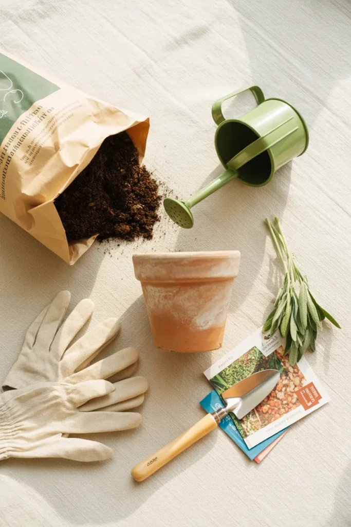 Beginner container gardening supplies flat lay with terracotta pot, potting mix, and watering can