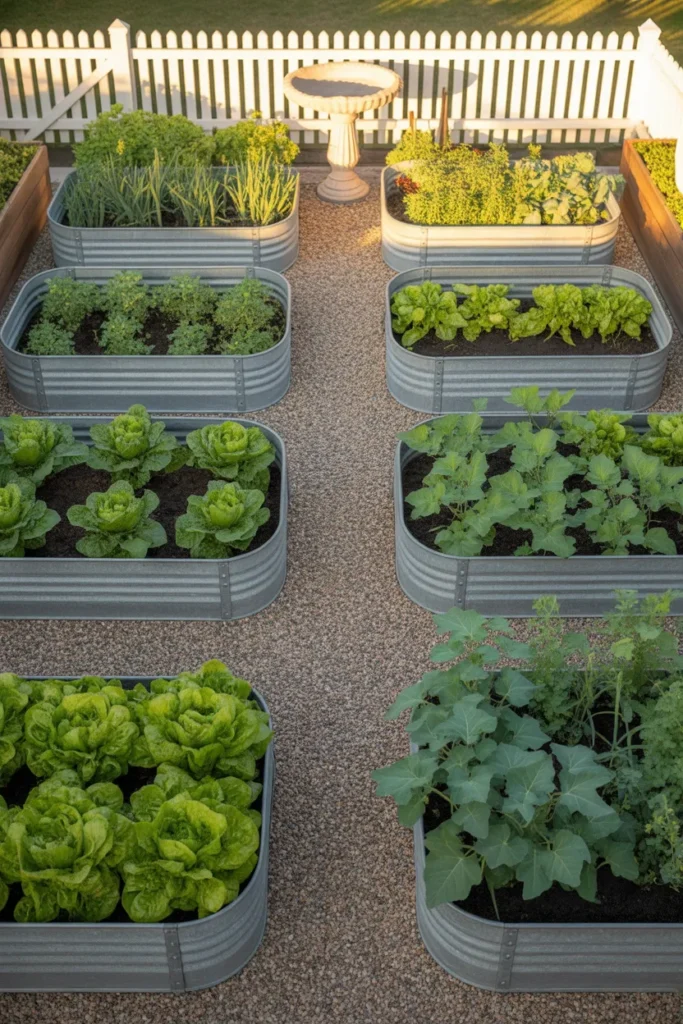 Bird's eye view of four metal raised garden beds in a 2 by 2 kitchen garden layout
