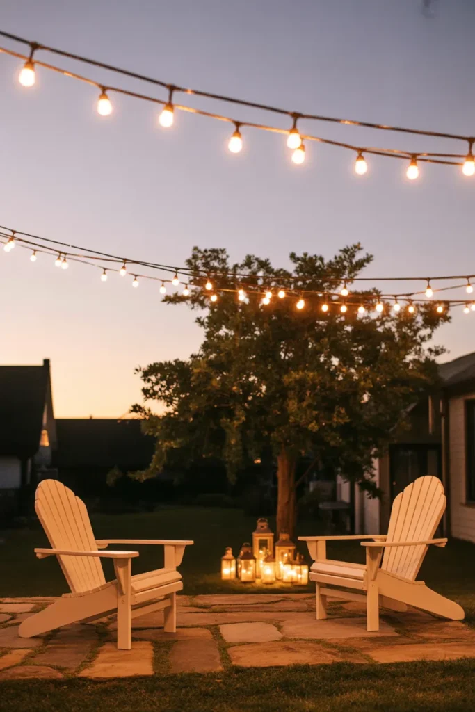 Bistro string lights and lantern cluster for trendy garden ideas 2026