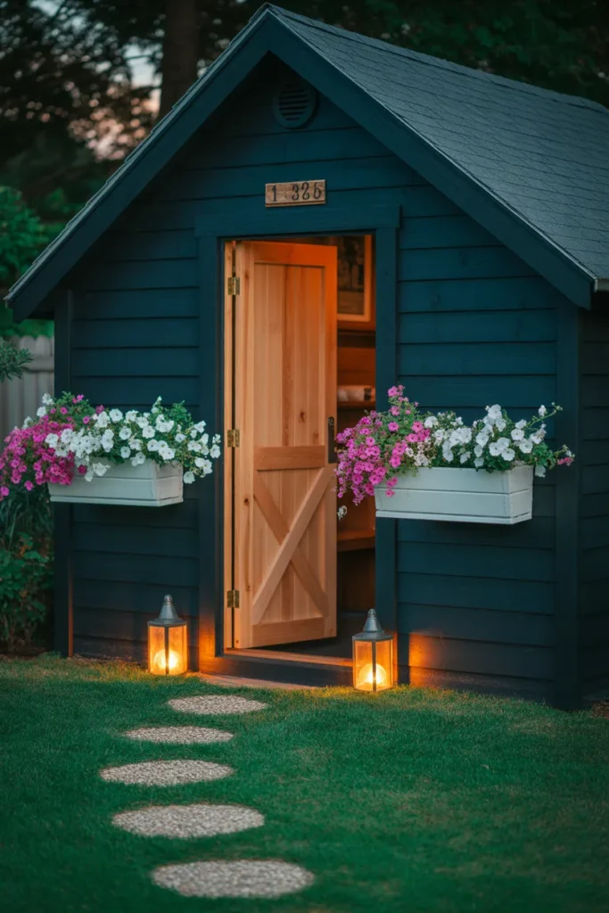 Black garden shed makeover backyard with Dutch door window boxes and brass house numbers