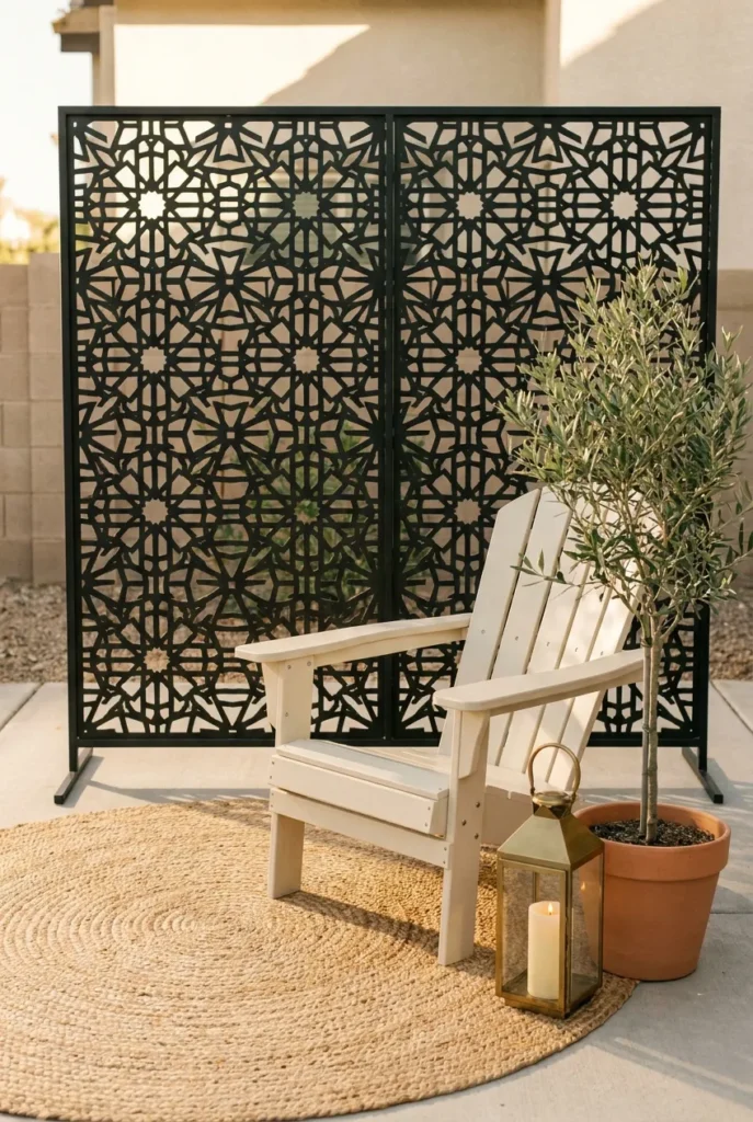Black metal freestanding privacy screen on a small patio with Adirondack chair and olive tree.