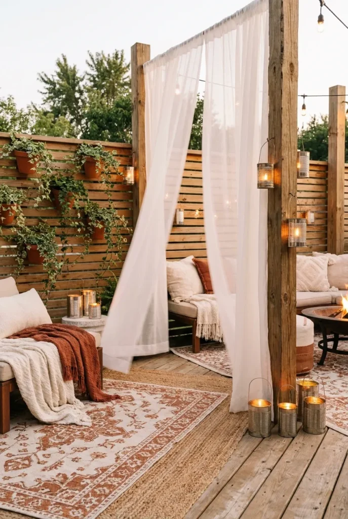 Boho backyard patio with layered rugs, outdoor curtains, and DIY tin lanterns