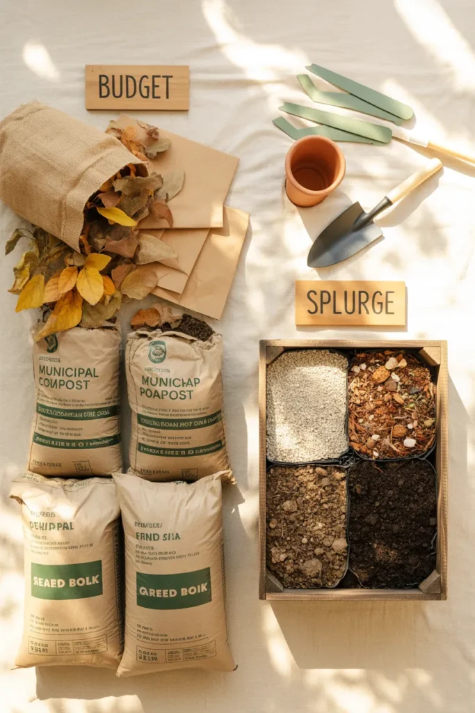 Budget and splurge raised bed soil options compared side by side on a linen background