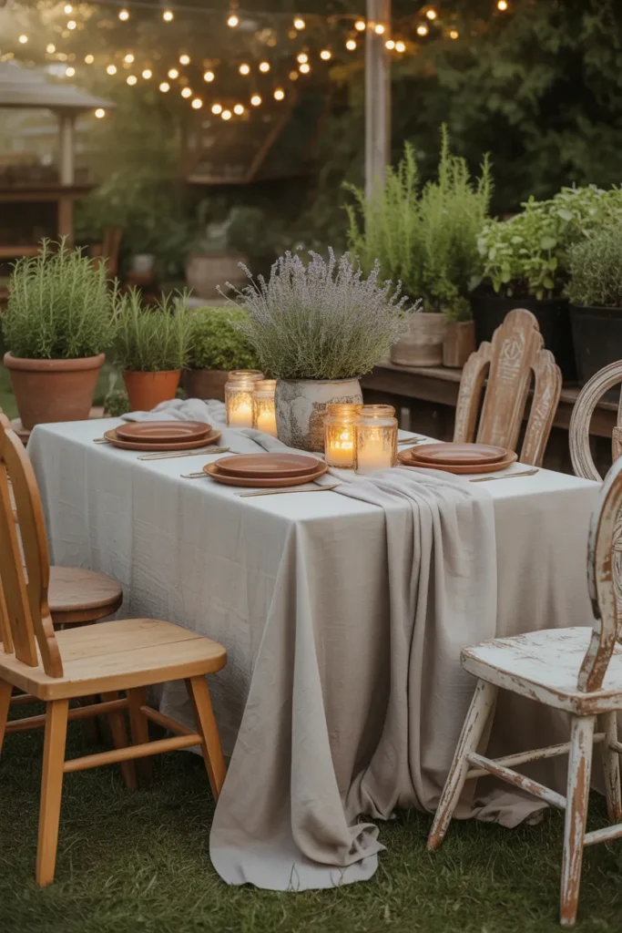 Budget backyard dining area with linen tablecloth, terracotta plates, candles, and string lights for an outdoor party.