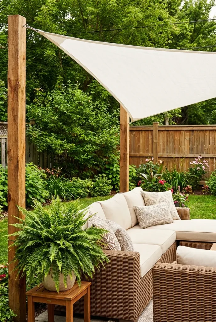 Budget covered patio with white shade sail over a wicker sectional