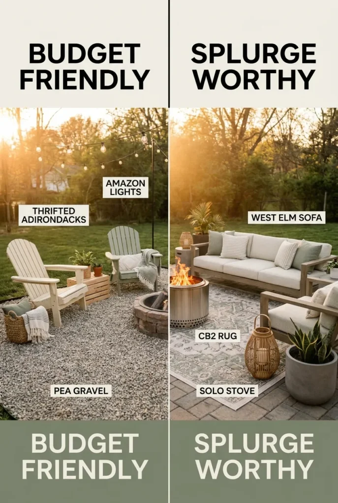 Budget vs splurge backyard patio comparison with cost breakdown
