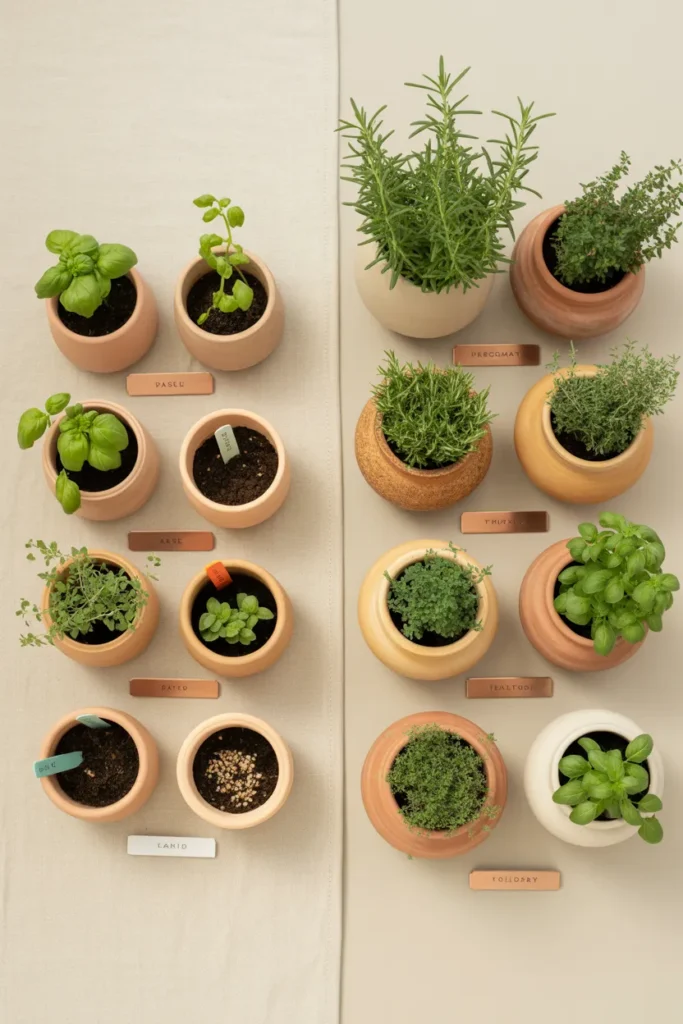 Budget vs splurge container gardening herbs comparison flat lay