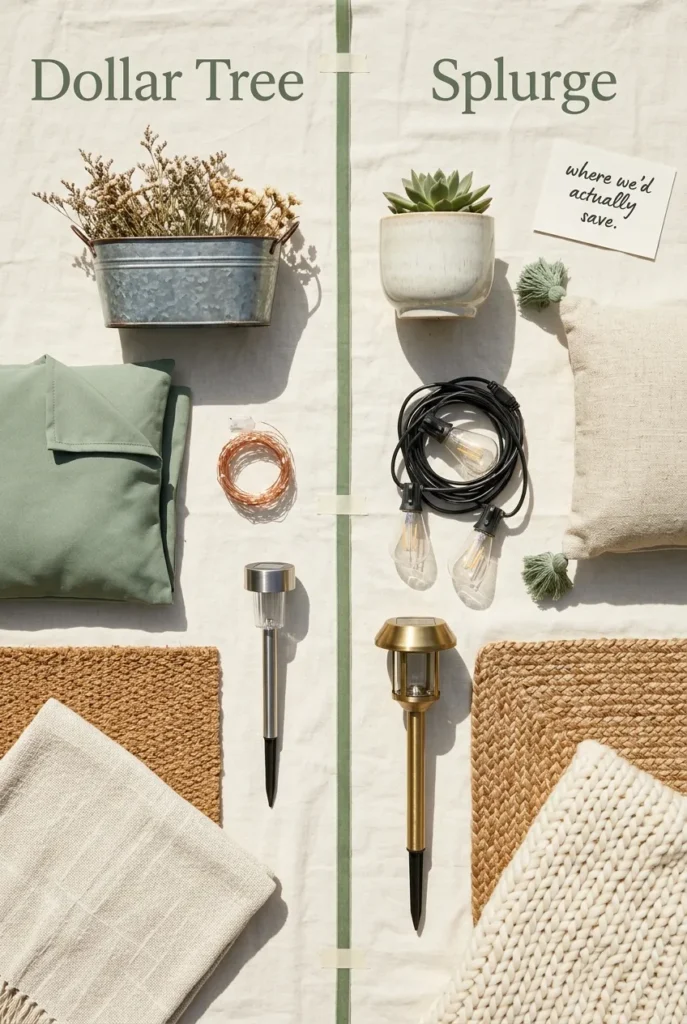 Budget vs splurge flat lay comparing Dollar Tree backyard decor to mid-range and high-end versions