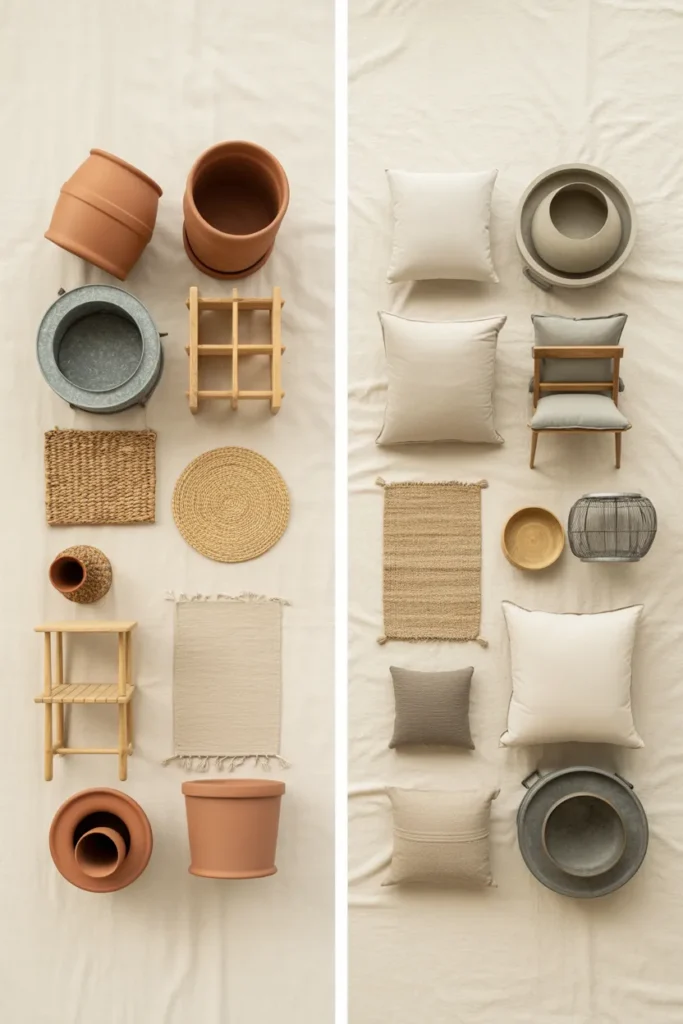 Budget vs splurge moodboard for narrow backyard styling with planters and fire pit options.