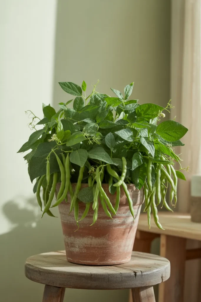 Bush beans growing in a 12 inch terracotta pot with green beans ready to harvest.