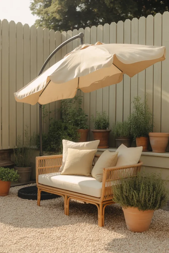 Cantilever umbrella over rattan loveseat in cozy small backyard with cream gravel patio.