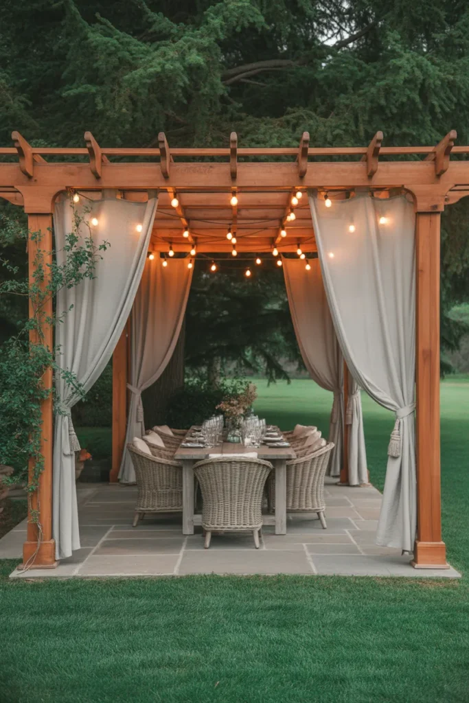 Cedar pergola backyard makeover with linen curtains string lights and farmhouse dining table