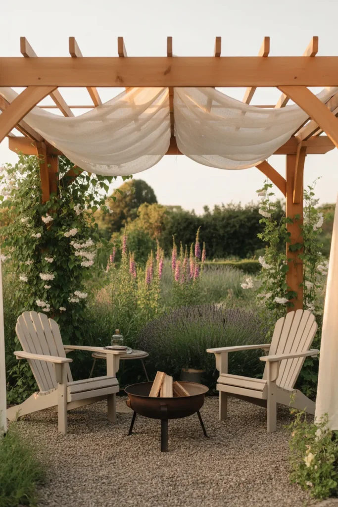 Cedar pergola with climbing jasmine and fire pit seating zone for backyard garden inspiration