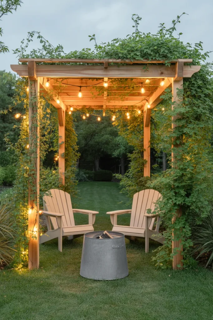 Cedar pergola with string lights and fire pit at the back of a narrow backyard.