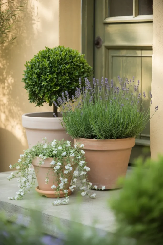 Cluster of three terracotta pots with boxwood, lavender, and bacopa for entryway garden inspiration