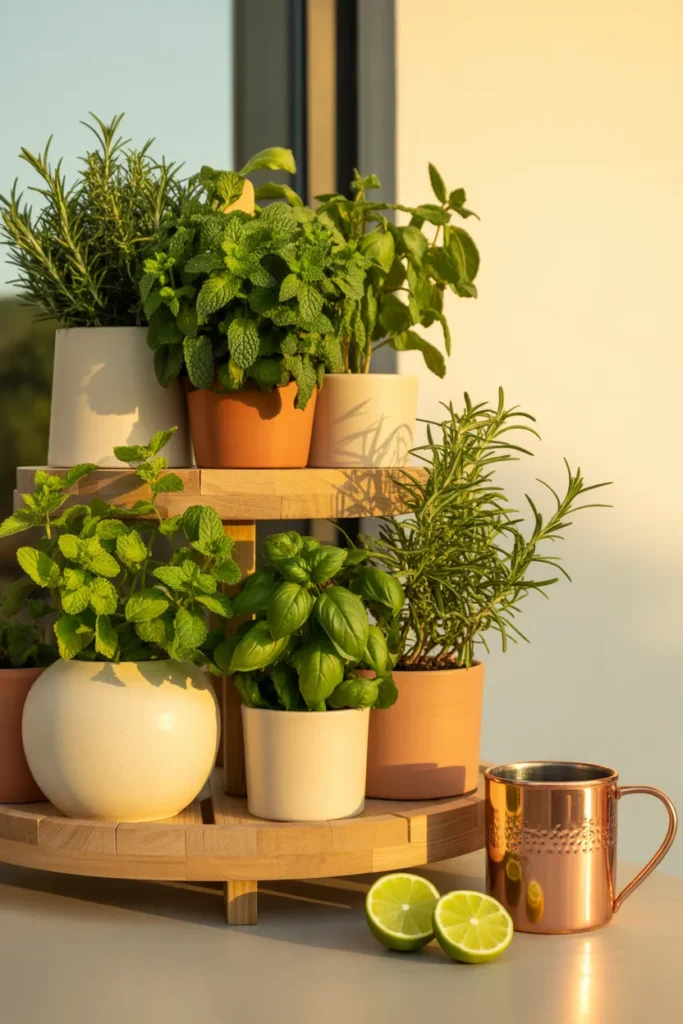 Cocktail herb container garden cluster with mint, basil, and rosemary in cream pots on tiered wood plant stand.