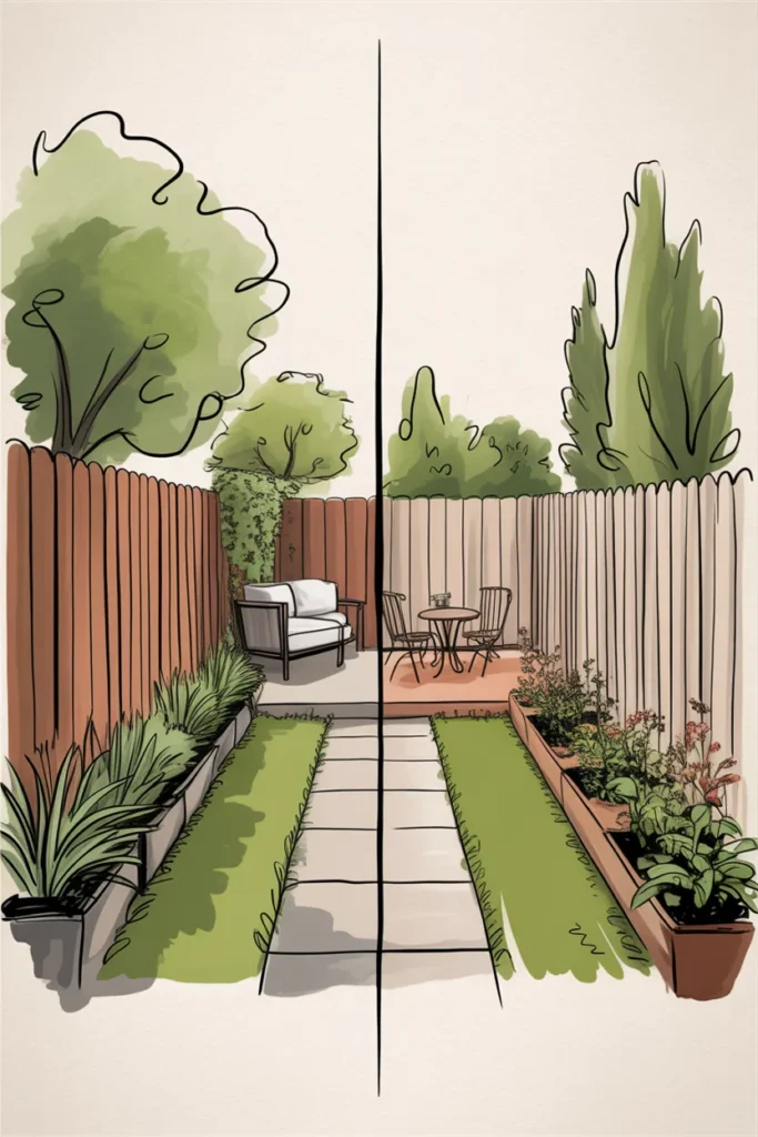 Common narrow backyard mistakes and corrections side by side illustration.