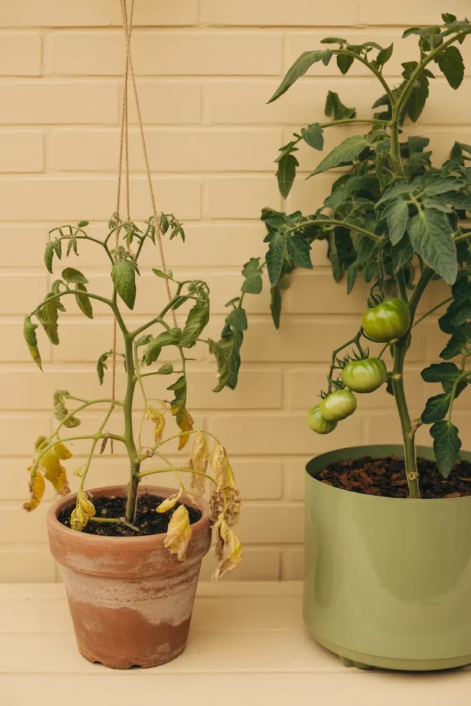 Comparison of container vegetables in a too-small pot versus a properly sized 5 gallon container.