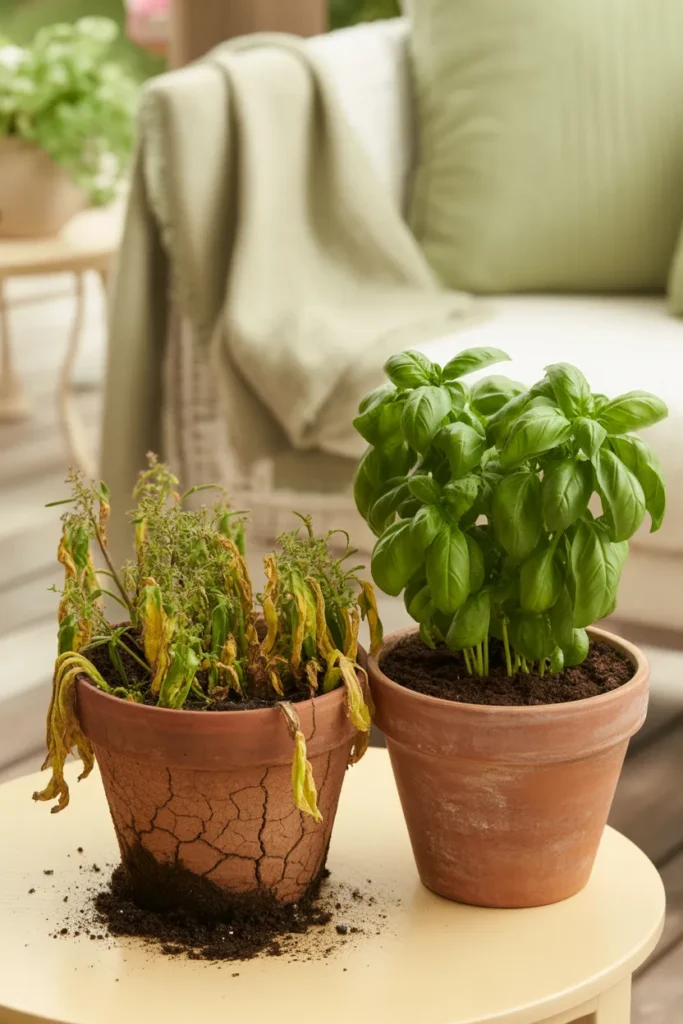 Comparison of overcrowded wilting container garden versus healthy single plant container garden