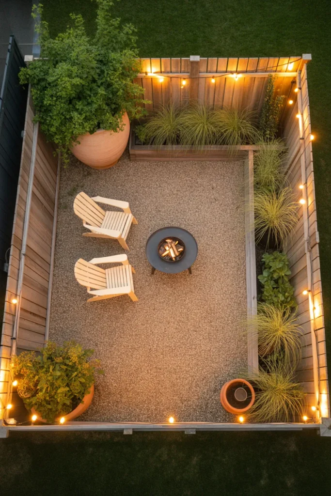 Complete small backyard landscaping layout with patio, chairs, fire pit, and string lights under $500