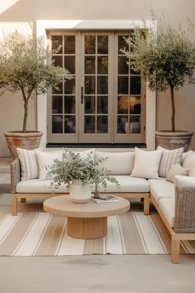 Concrete patio backyard makeover outdoor living room with cream sectional olive trees and striped rug