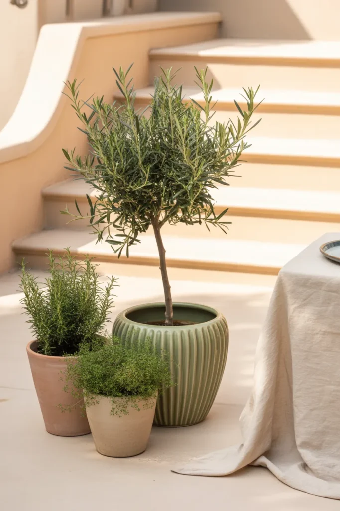 Container garden grouping with one large ceramic planter and two terracotta herb pots on a cream patio