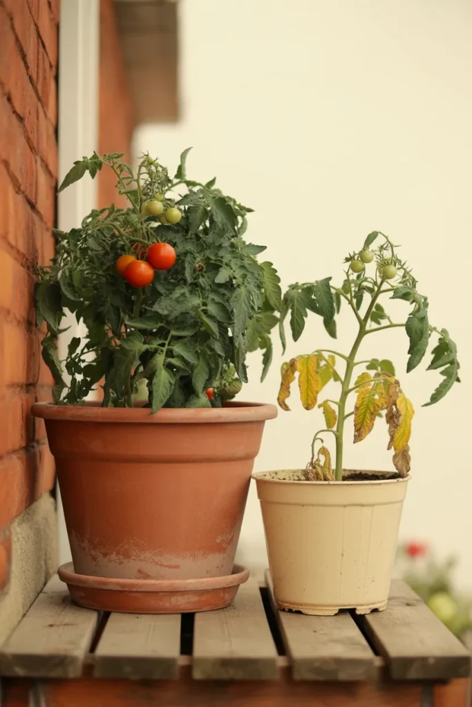 Container garden mistake comparison showing thriving tomato in large pot beside wilted tomato in small pot.