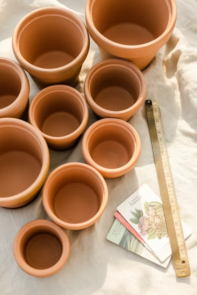 Container garden pot size chart flat lay with graduated terracotta pots, measuring tape, and seed packets.