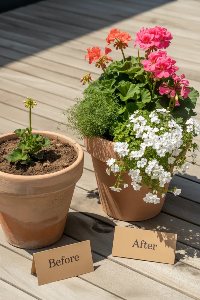 Container gardening flowers before and after showing sparse vs full planting