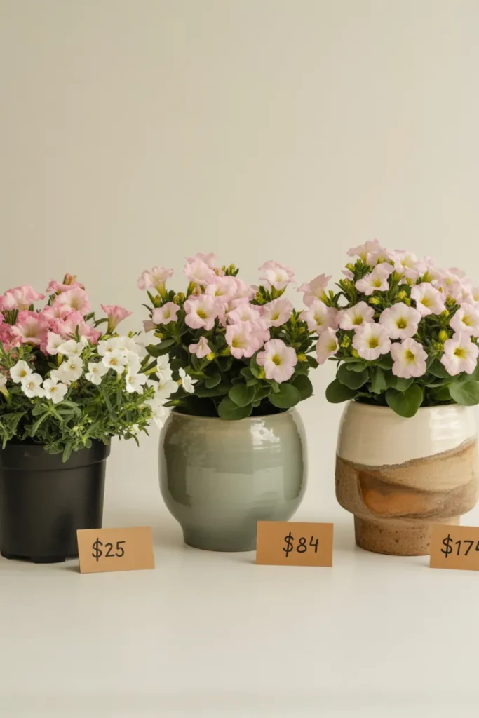 Container gardening flowers budget vs splurge comparison with three pot styles